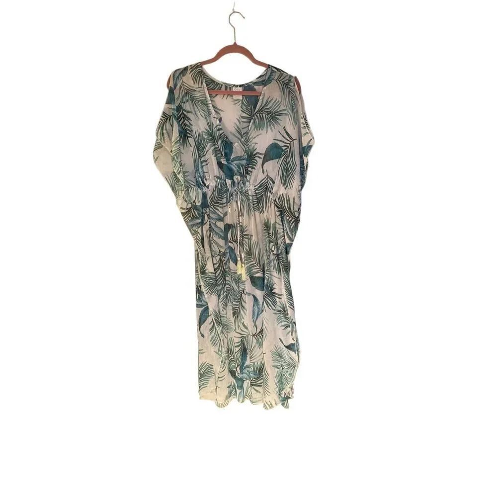 Kona Sol ๏ฟผ Womenโs, botanical palm, printโfront tie, cover-up, size large